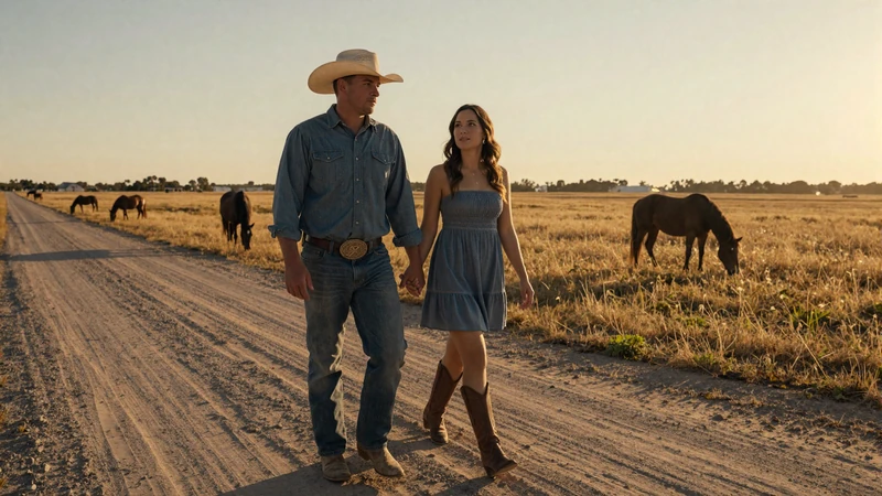 Cowboy couple walking hand in hand along a dusty ranch road at sunset in rural Texas
