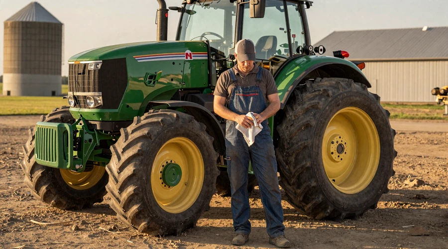 Farm mechanic standing beside a tractor in a rural equipment yard during golden hour with grain silos in the background