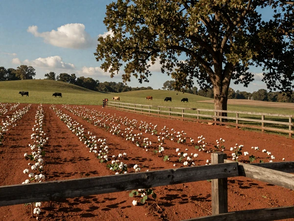 Alabama farmland with cotton rows, cattle pastures, and pecan trees under a warm afternoon sky