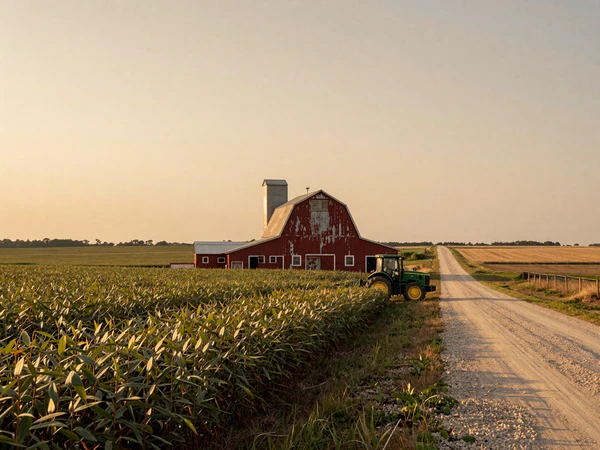 Illinois farmland with a red barn and grain elevator surrounded by soybean fields at golden hour