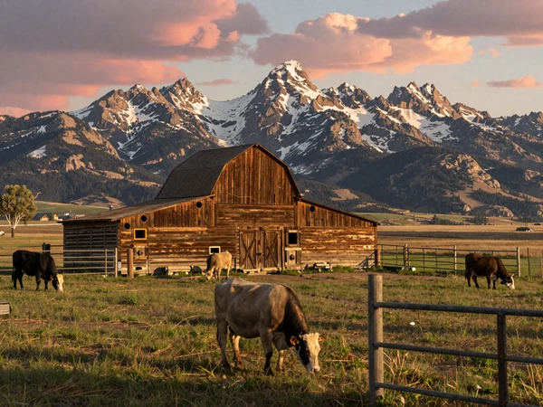 Montana ranch at golden hour with cattle grazing beneath snow-capped Rocky Mountains and expansive Big Sky