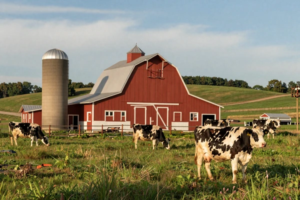 Wisconsin dairy farm with red barn, silo, and grazing Holstein cows on green rolling pastures