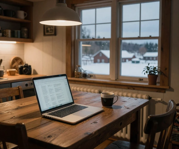 Farmhouse kitchen table with a laptop and coffee mug, warm lamplight and snowy fields visible through the window