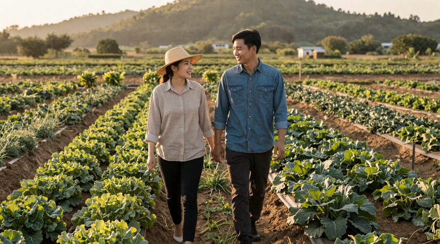 Asian-American couple walking hand in hand through a green vegetable farm at golden hour with rolling hills in the background