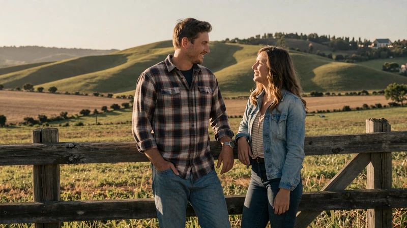 Farmer couple standing by a wooden fence overlooking rolling green hills in rural America at golden hour