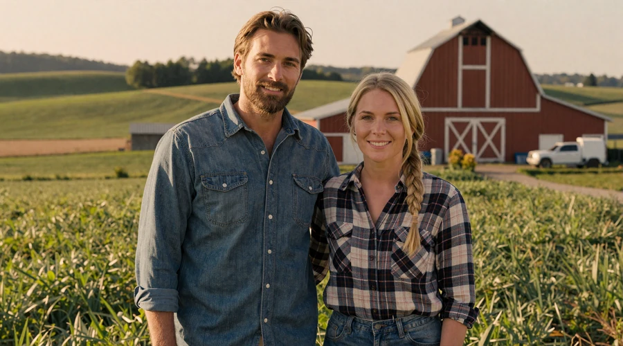 European-heritage farming couple standing together on their American farm at golden hour with a red barn and green hills behind them