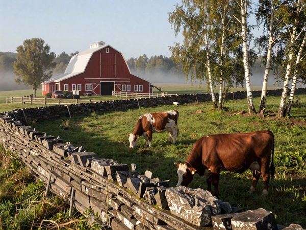 Dairy cows grazing beside a stone wall on a Maine homestead farm at sunrise