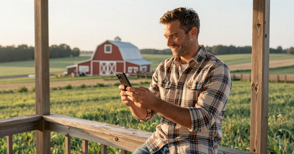 Farmer checking his phone while leaning on a fence post in a golden wheat field at sunset