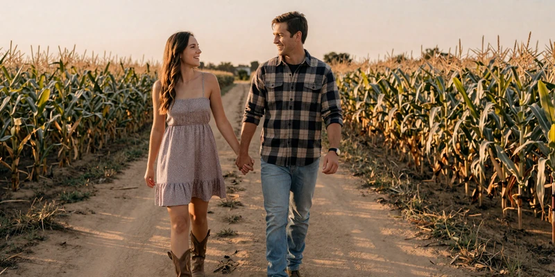 Farm couple walking hand in hand through cornfields at golden hour, countryside romance
