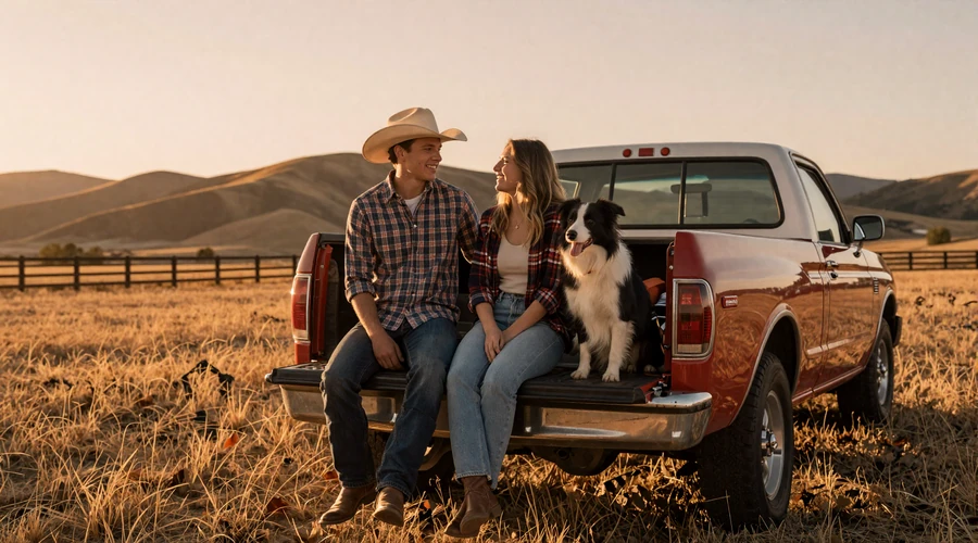 Country couple sitting on a pickup truck tailgate in a golden field at sunset with their dog
