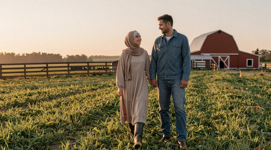 Muslim-American couple standing together on a green farm at sunrise with a red barn in the background, embodying faith and rural life