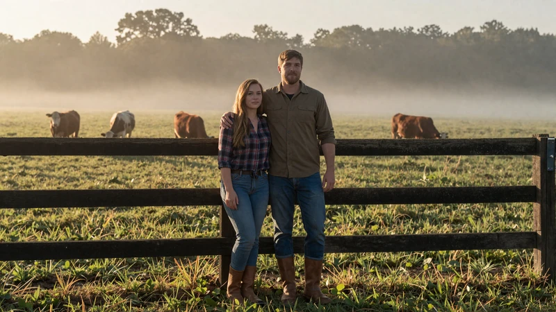Farm couple standing together by a wooden fence at sunrise overlooking green pastures in rural Midwest