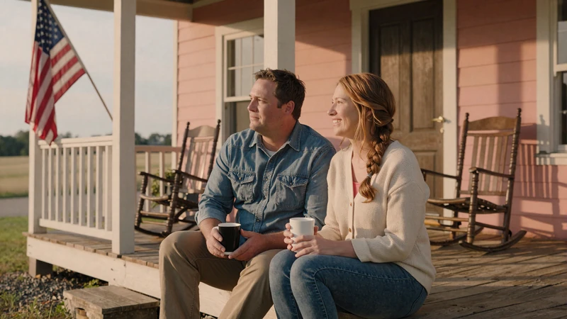 Farm couple sharing coffee on a farmhouse porch overlooking open fields at golden hour, conservative rural lifestyle