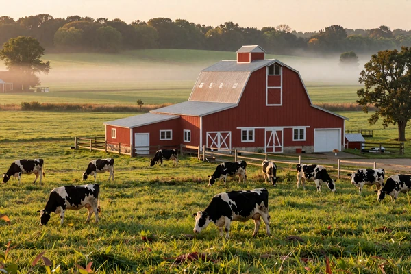 Minnesota dairy farm at sunrise with Holstein cows grazing on rolling green pastures near a red barn