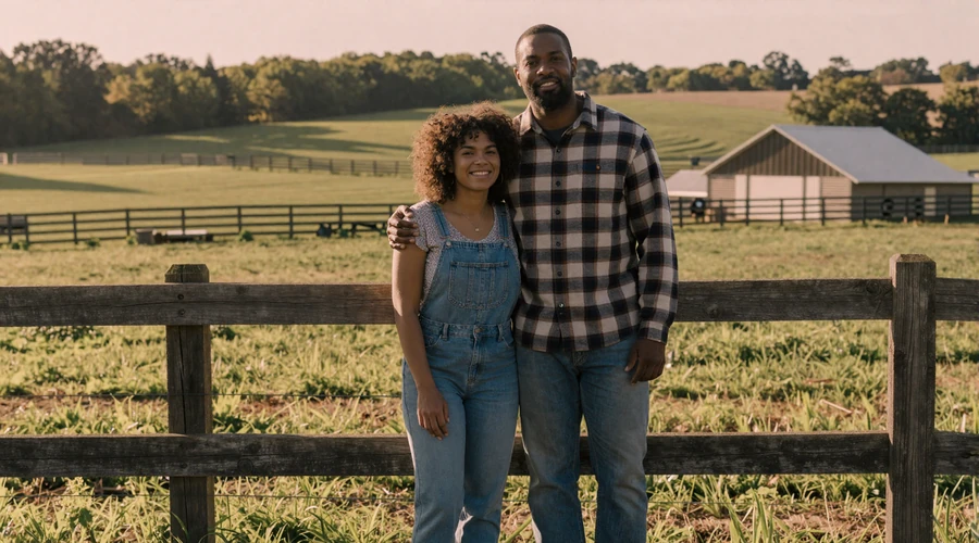 Black farmer couple standing together proudly on their farmland at golden hour with green pastures behind them