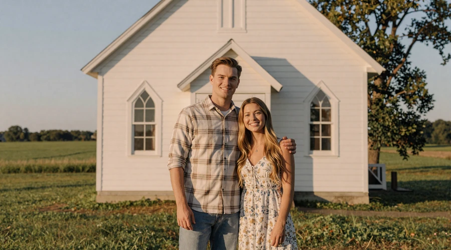 Christian couple standing together near a rural church surrounded by farmland at golden hour