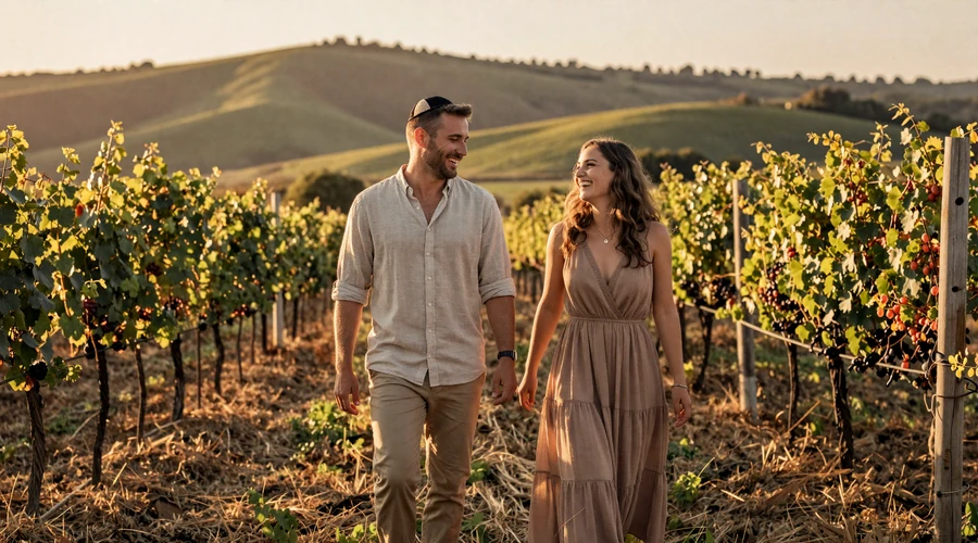 Jewish couple walking hand in hand through a vineyard at golden hour with rolling hills and grapevines in the background