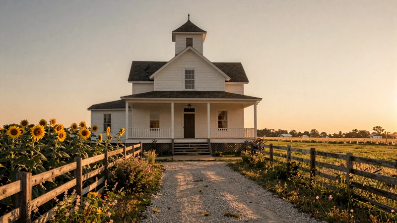 Scenic American farmhouse with sunflower fields at golden hour evoking the romantic setting of a farmer dating show