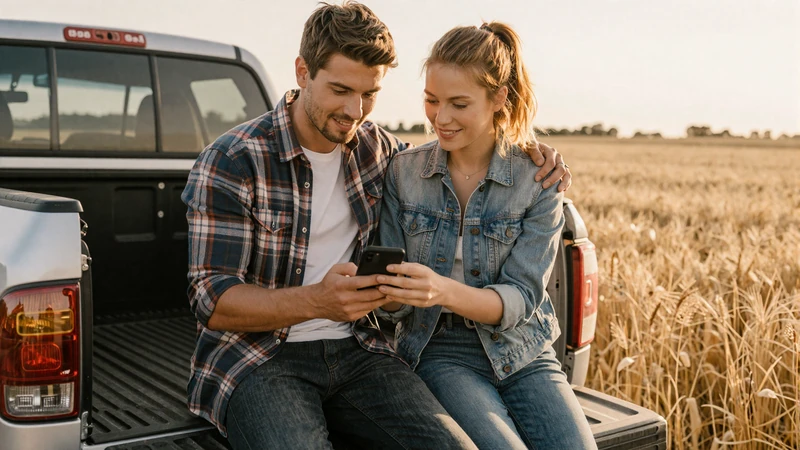 Young farmer couple browsing a dating app together on a pickup truck tailgate in a golden wheat field at sunset