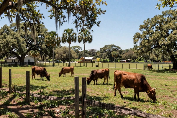 Florida cattle ranch with Brahman cattle grazing on green pastures under palm trees and Spanish moss oaks