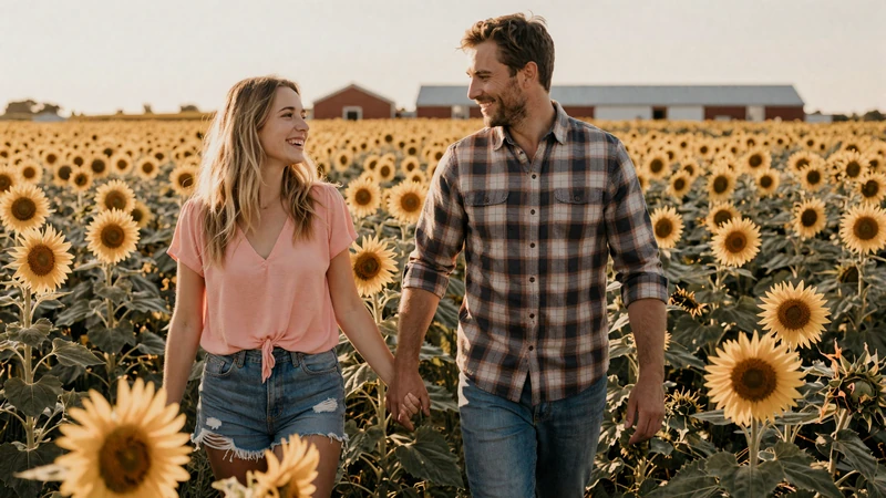 Farm couple walking hand in hand through a sunflower field at golden hour in rural countryside