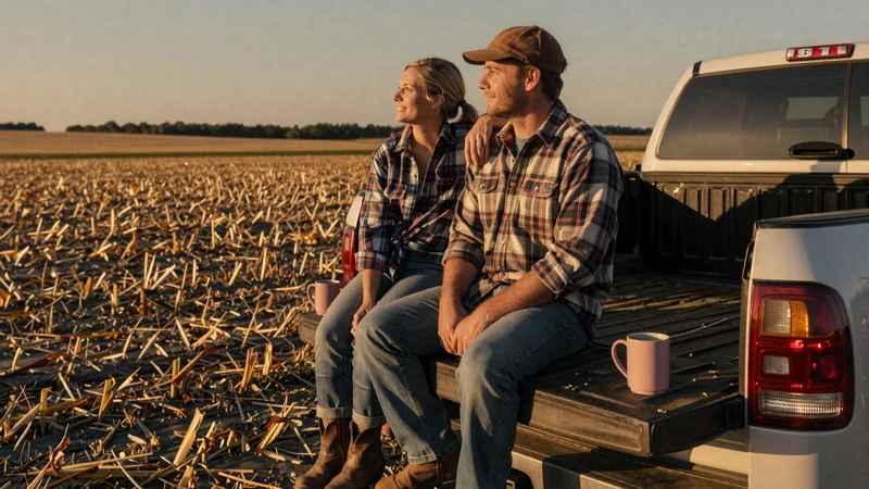 Farmer couple sitting on a pickup truck tailgate at dusk overlooking a harvested cornfield in the Midwest