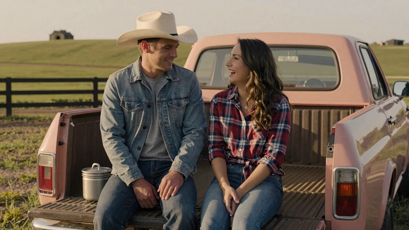 Farm couple laughing together on a pickup truck tailgate during golden hour in rural America