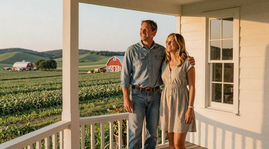 Successful farming couple standing on their farmhouse porch overlooking expansive green cropland at golden hour
